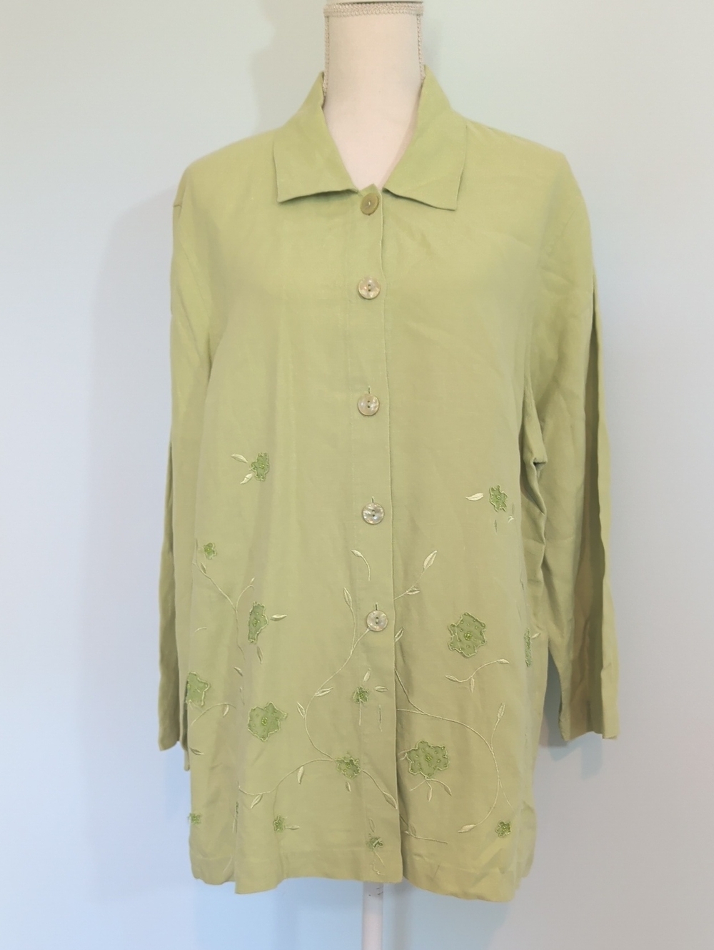 JohnPaulRichard Sage 100% Linen button up long sleeve 90s vintage embroidery 1x